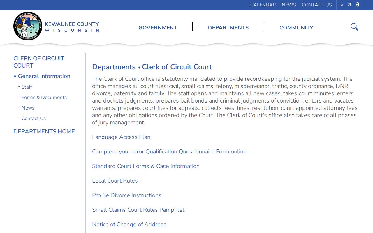 Kewaunee County clerk access for civil court docket records