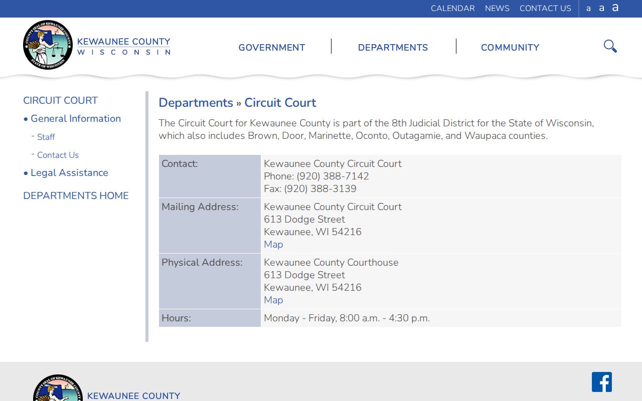 Kewaunee County courthouse for court schedule confirmation
