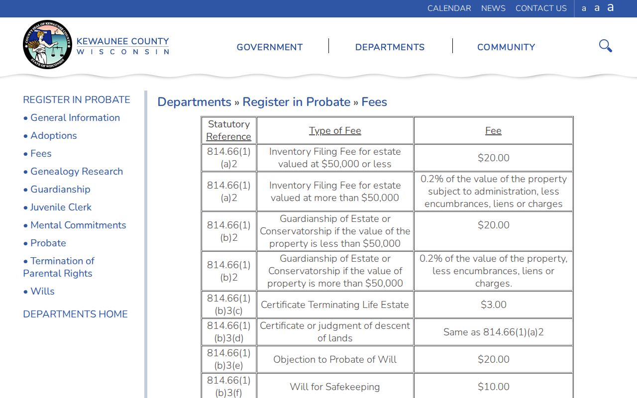 Kewaunee County probate court record fees